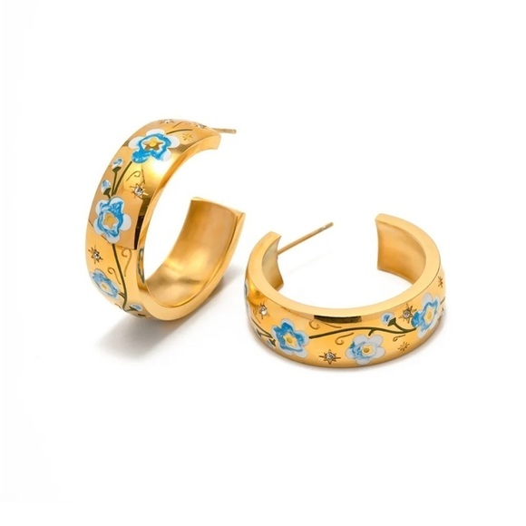 18k Gold Plated Glazed Blue Hoop Earrings - Picture 1 of 7